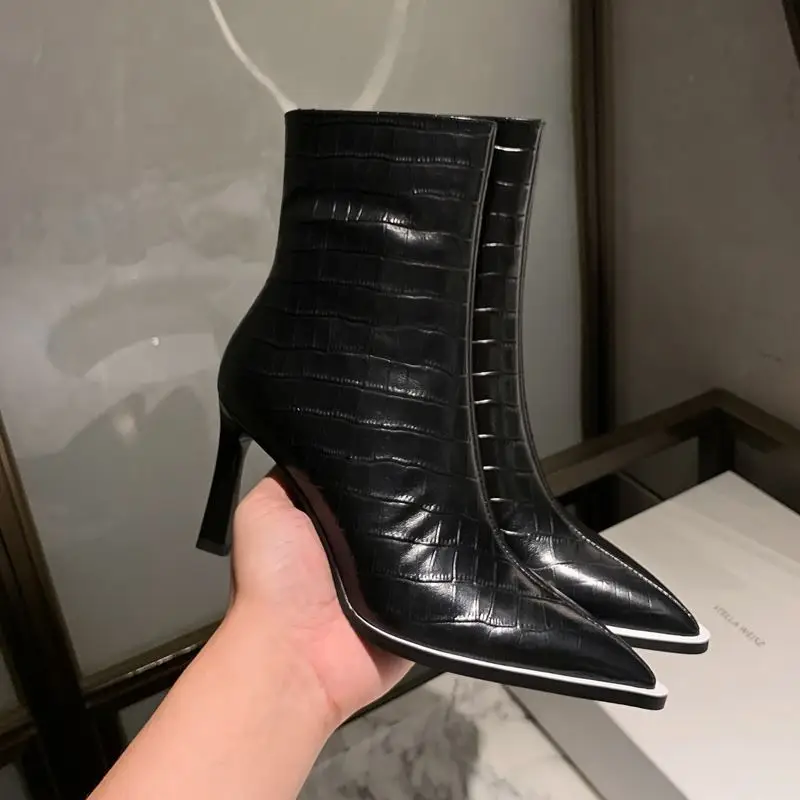 

ALLBITEFO genuine leather Stone texture sexy high heels women boots women high heel shoes ankle boots for women girls boots