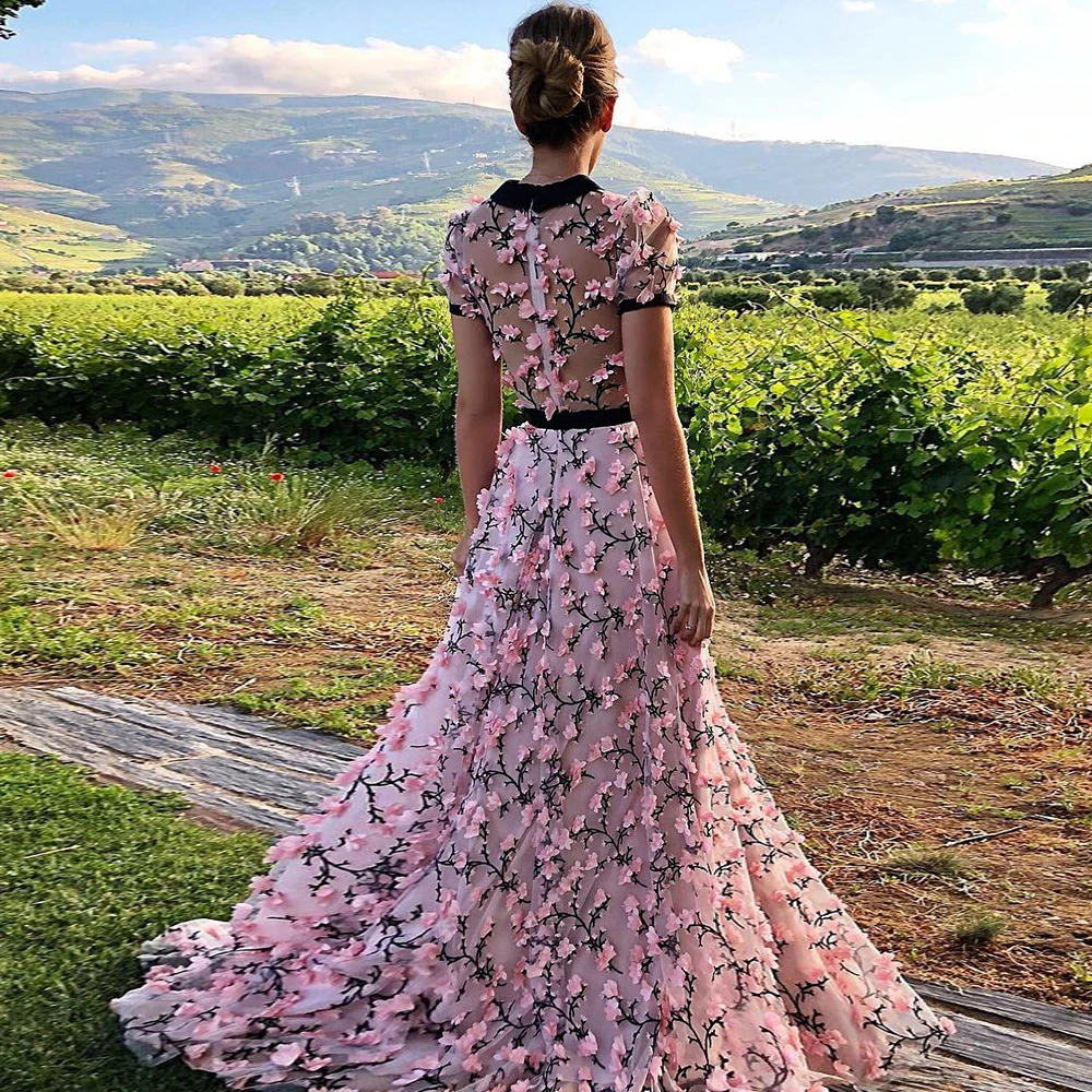 

3D Floral Evening Dresses Long 2021 A-line Round Neckline Short Sleeves Pink Prom Gowns Elegant Custom robe de soire de mariage
