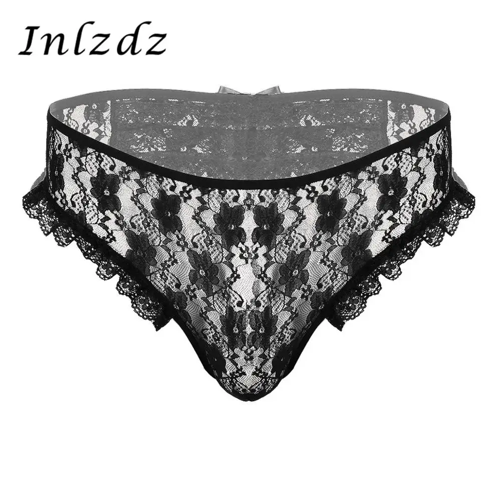 

Mens Lingerie Sexy Sissy Underwear Sheer Floral Lace Low Rise with Elastic Waistband G-string Briefs Erotic Crotchless Panties