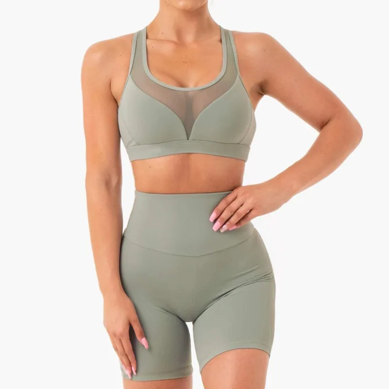 

2 Pieces Women Gym Yoga Set Mesh Patchwork Crop Top Female Transparent Tracksuit Fitness Training Sportwear Workout New 2021