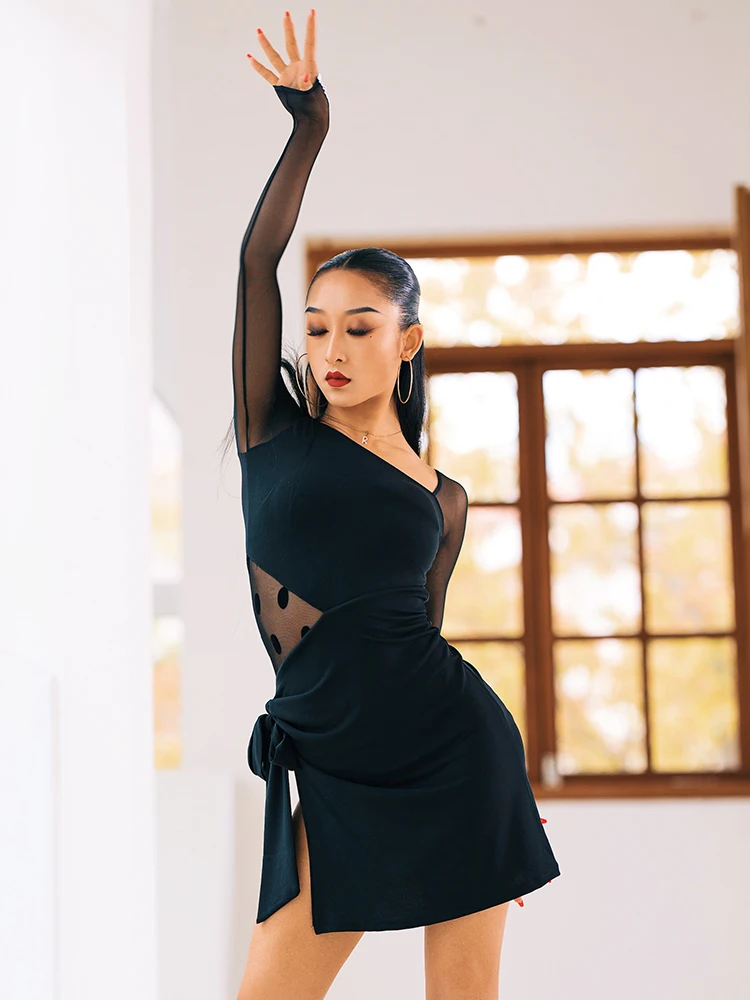 

2021 Dance Outfit Latin Dance Dress Women Black Dance Practice Dress Black Slit Mesh Salsa Latin Performance Dance Costume ZD268