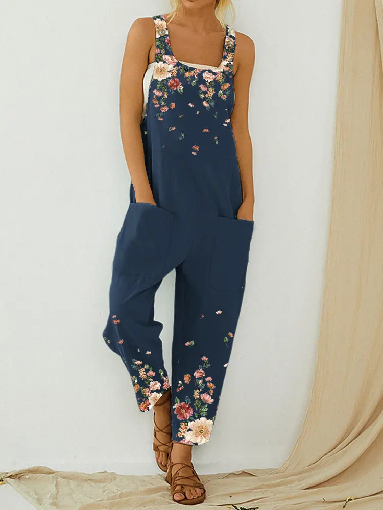 

Vintage Floral Print Straps Casual Jumpsuit With Pockets For Women