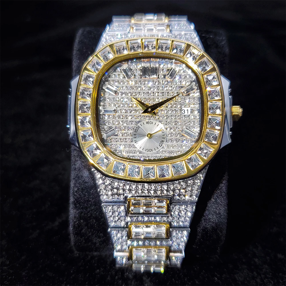 

Hip Hop MISSFOX Gold Silver Men's Watches 42mm Dial Date Quartz Clock Luxury Brand Baguette Diamond Original Waterproof Watches