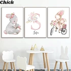 Картина на холсте с кроликом для девочек, постер с именем на заказ, рисунок кролика, настенное искусство для детской комнаты, картины с розовыми цветами, украшение детской комнаты в скандинавском стиле