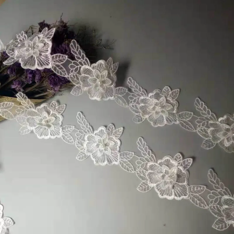 1 ярд 10 см белые хлопковые жемчужные цветы листья вышитая кружевная отделка лента
