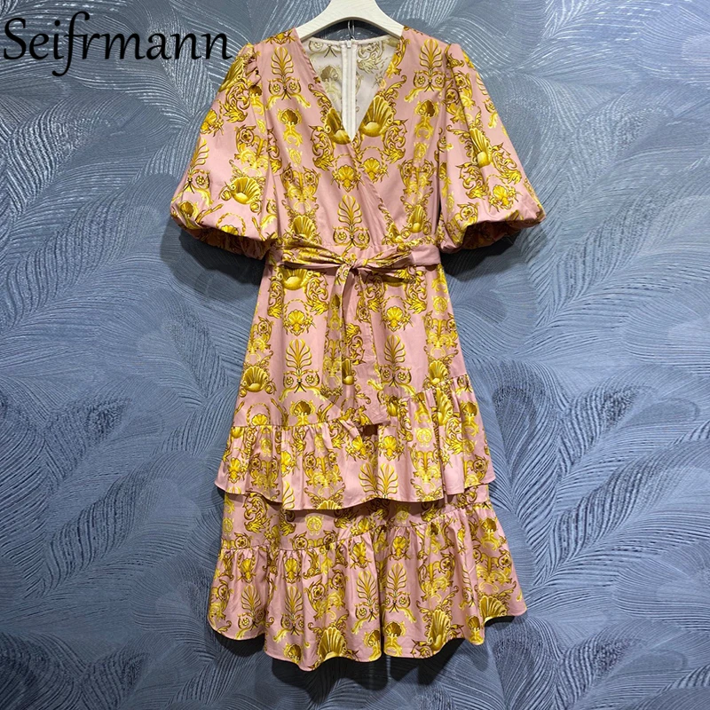 

Seifrmann, новинка 2021, летнее женское модное дизайнерское хлопковое платье с рукавами-фонариками, бантом и оборками, винтажные женские платья с ...