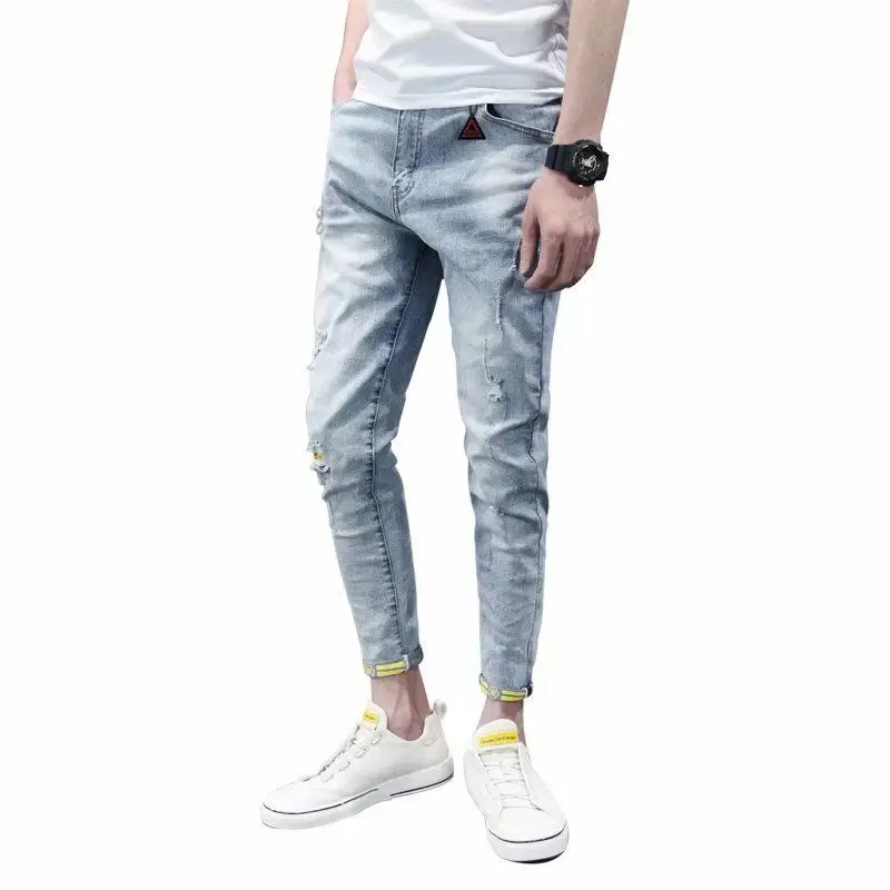 

Cotton Autumn Spring Clothing Man Jeans Hole Wear Slim Fashion Label Pencil Pants Trousers Stretchy Denim Men pants Light Blue