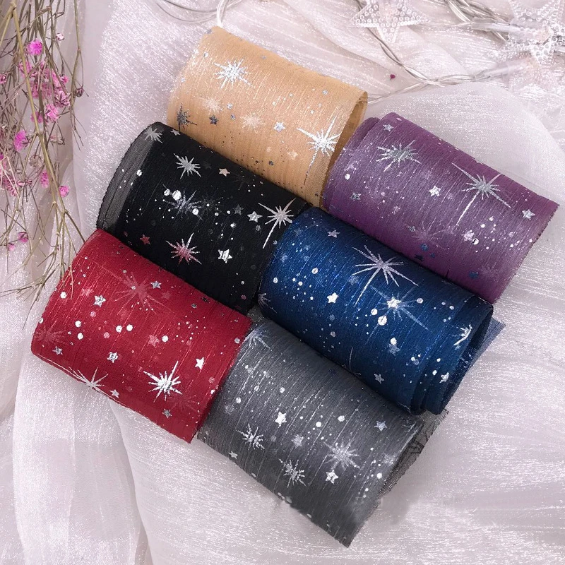 

5 yards Glitter Star Printed Wrinkle Net Gauze Organza Ribbon for Diy Gifts Wrapping Headwear Bow Accessories Decor