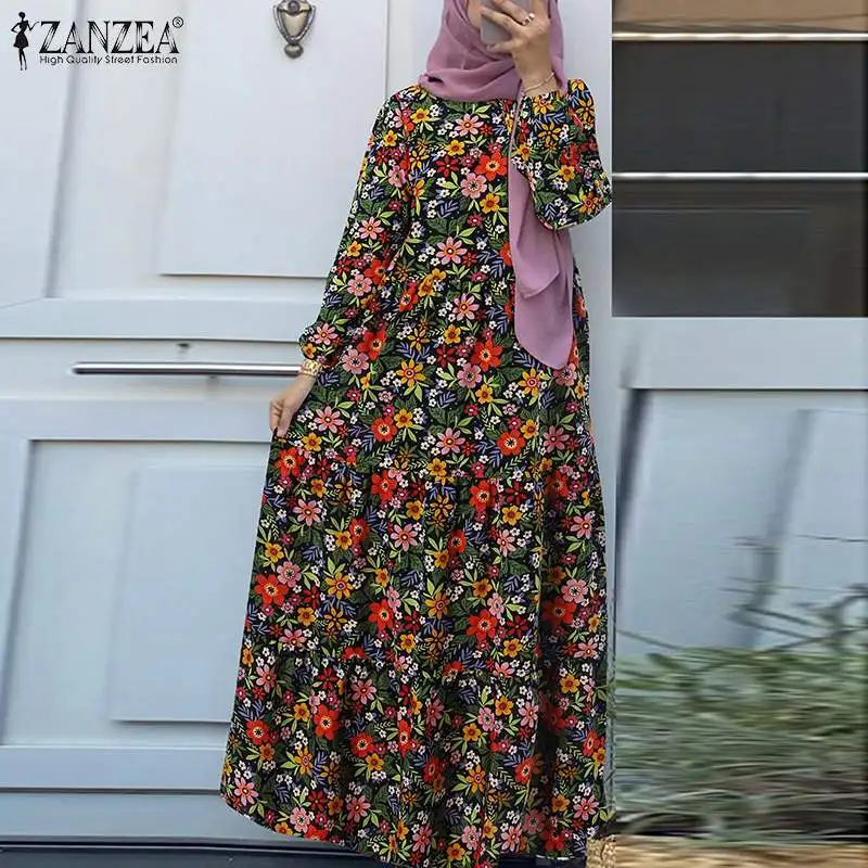 Платье ZANZEA женское с длинным рукавом, элегантная свободная мусульманская одежда в стиле оверсайз, винтажная макси-абайя с цветочным принто...