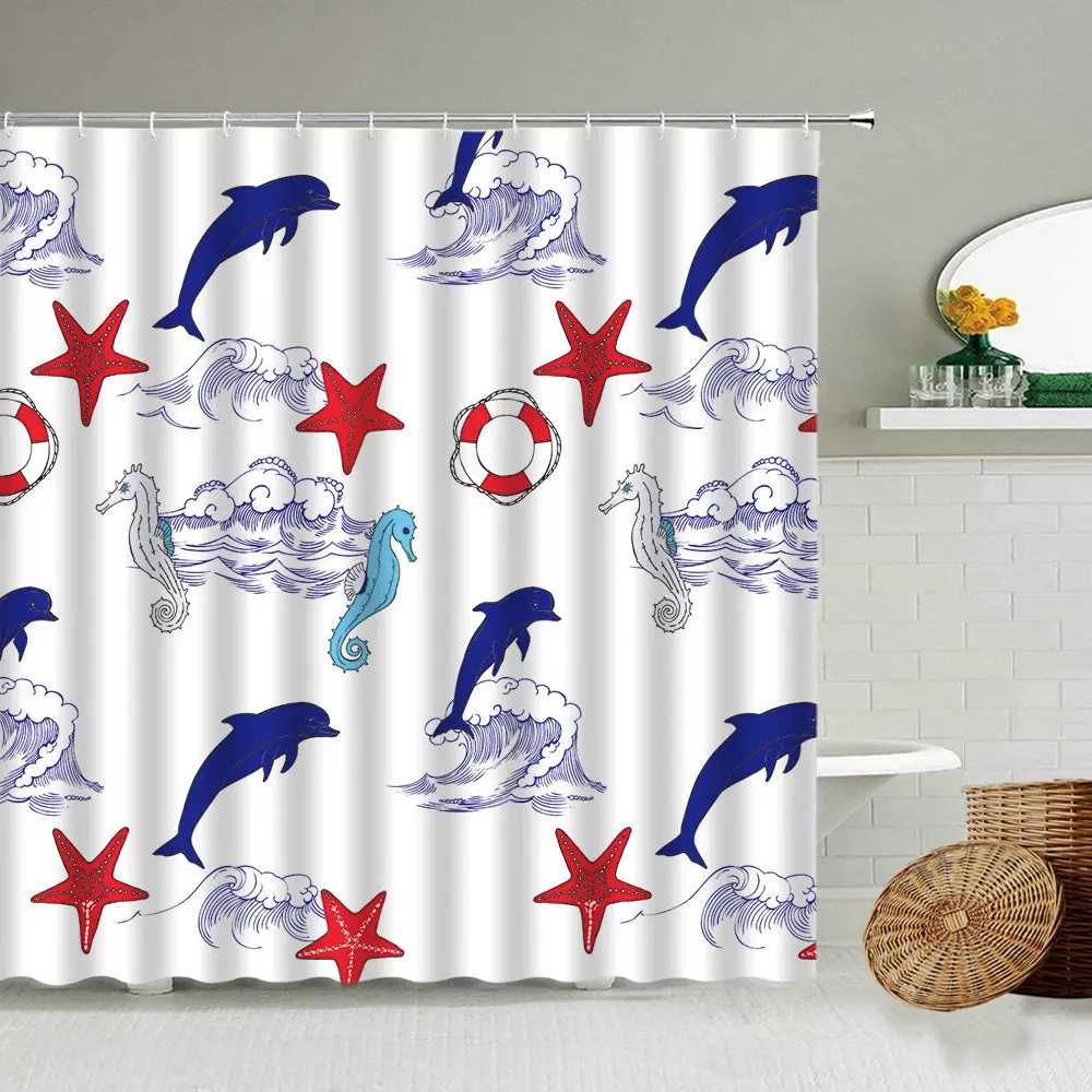 

Color Cute Dolphin Whale Waterproof Shower Curtain Blue Cartoon Animal Children Bathroom Accessories With Hook Screen Washable