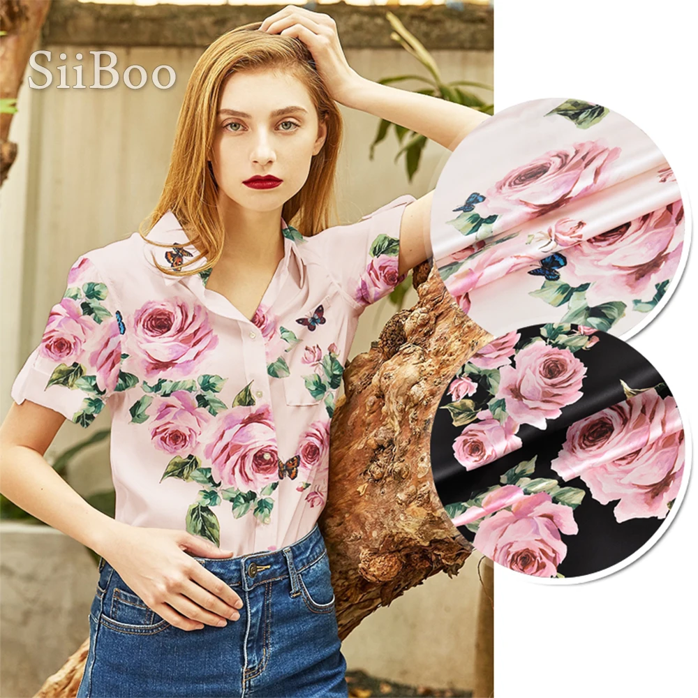 Итальянская Роскошная розовая и черная шелковая ткань из спандекса с принтом