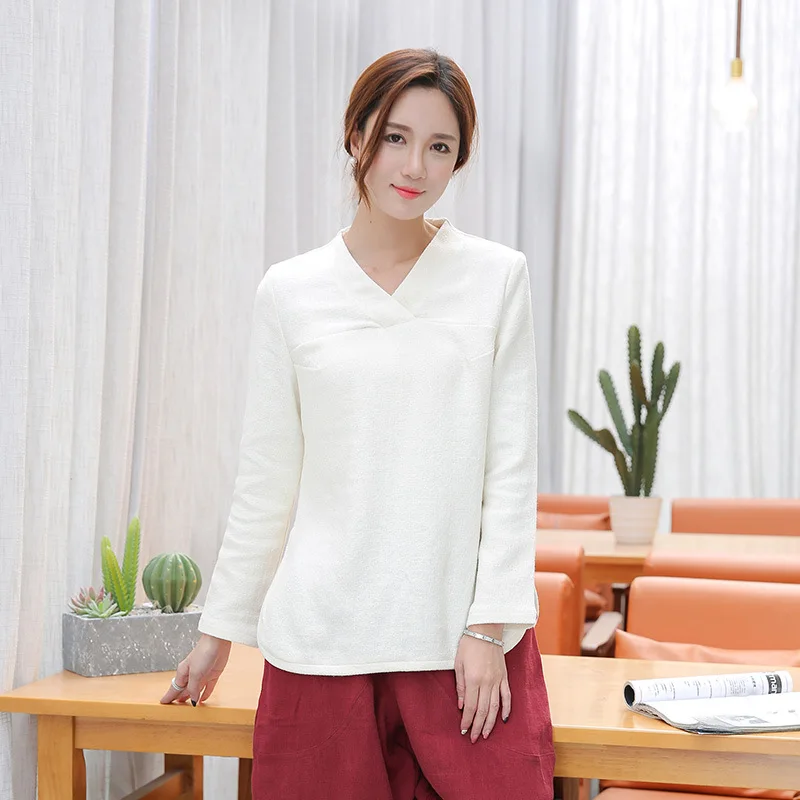 

Casual T-shirt Female Tees Cotton Linen Shirt Elegant Ladies Tees Tops Women Shirts Long Sleeve Solid Color V-neck