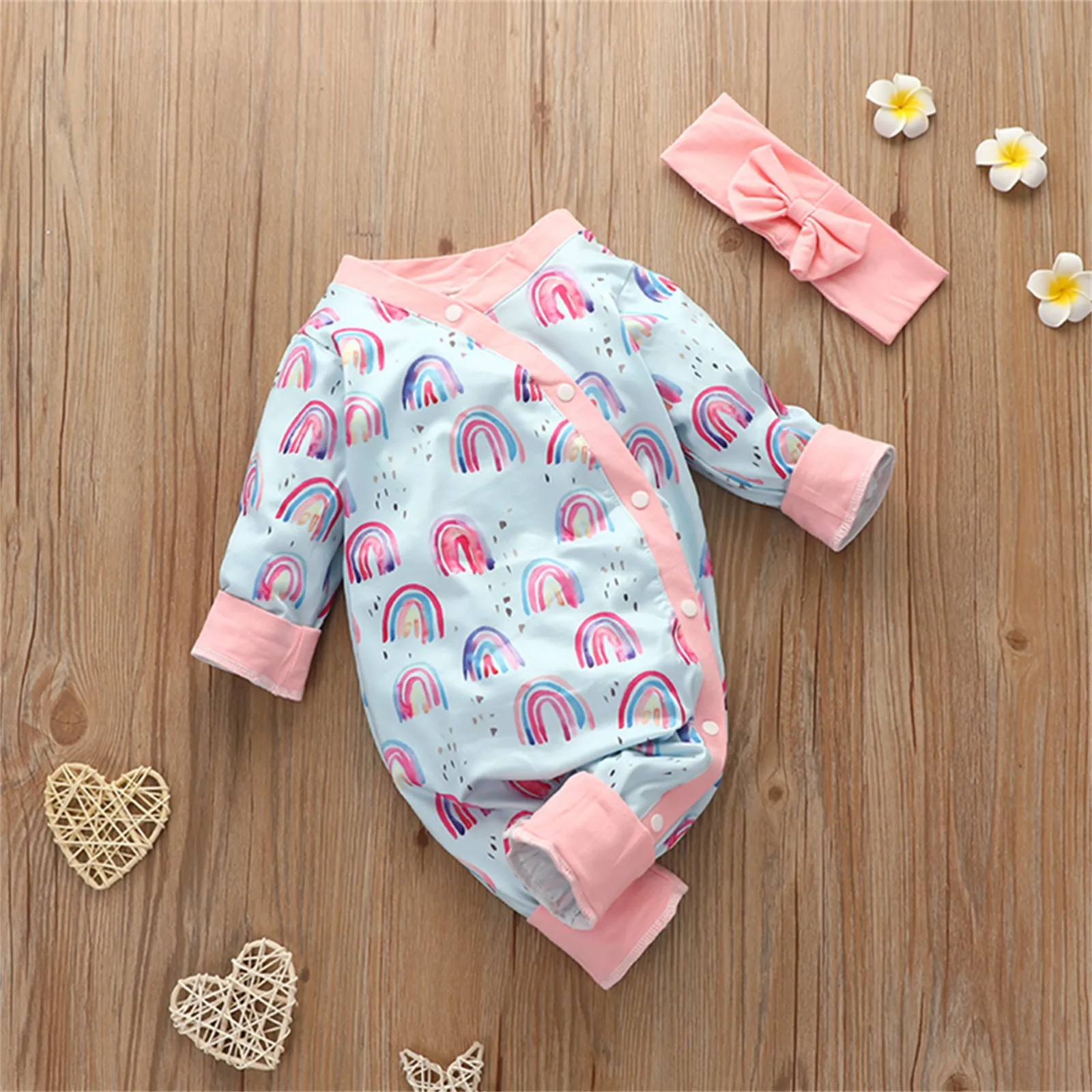 

Комбинезон для новорожденных девочек, осенне-зимний комбинезон с радугой, наборы повязок на голову