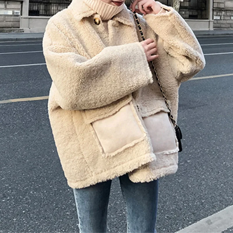 2019 пальто однорядное с пряжкой утолщенное короткое из овечьей шерсти Легкое