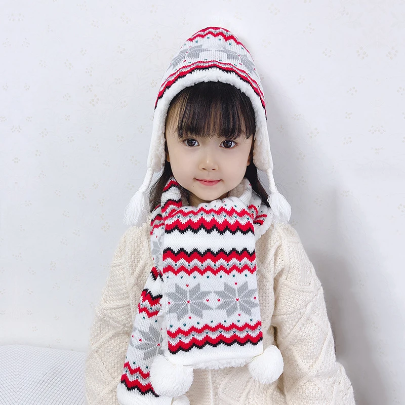 

Girl Hat Scarf Set Winter Earflap Beanie White Pompom Fleece Warm Snowflake Autumn Skiing Outdoor Baby Toddlers Accessory