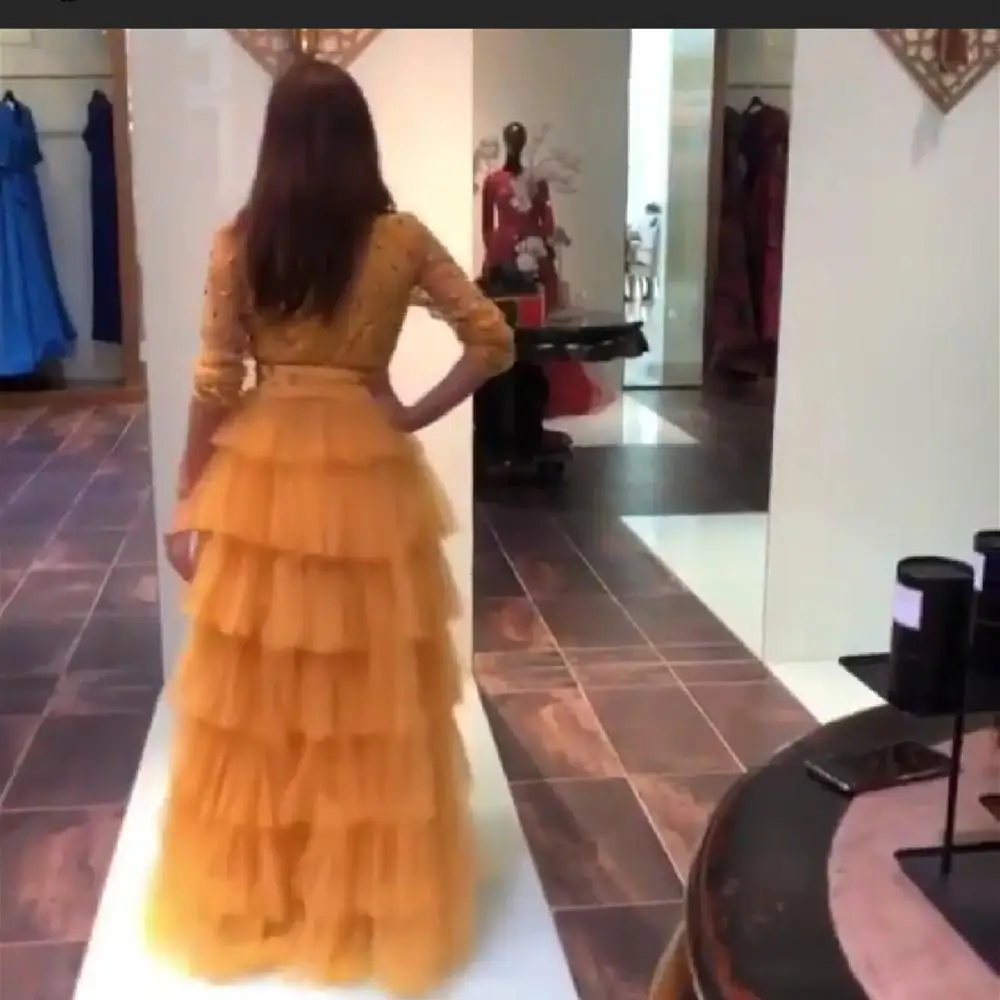 2019 желтое Расшитое бисером платье из Дубаи с коротким рукавом в пол