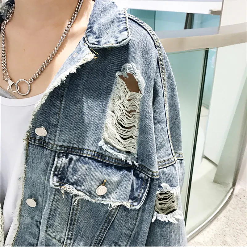 

Streetwear Denim Jacket Women Spring Autumn Fashion Hole Long sleeve Hollow out Jeans Jacket Harajuku Loose Female Short Coat