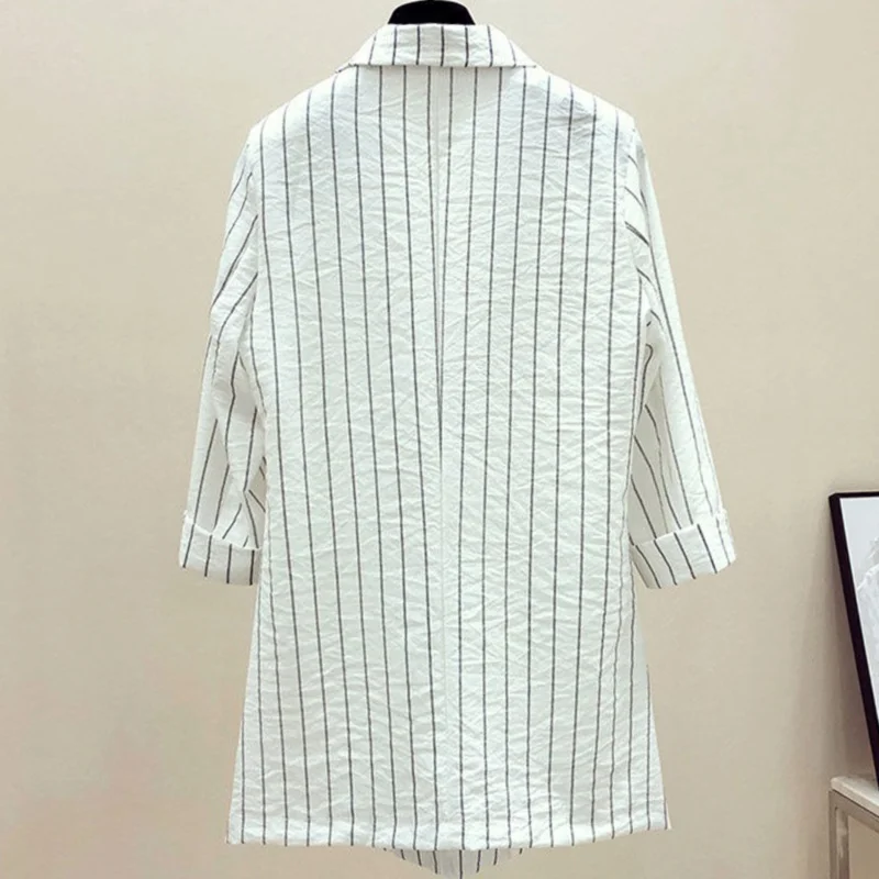 

Loose British Style Striped Blazers Women Mid-length Thin Casual Three-quarter Sleeves Outerwear