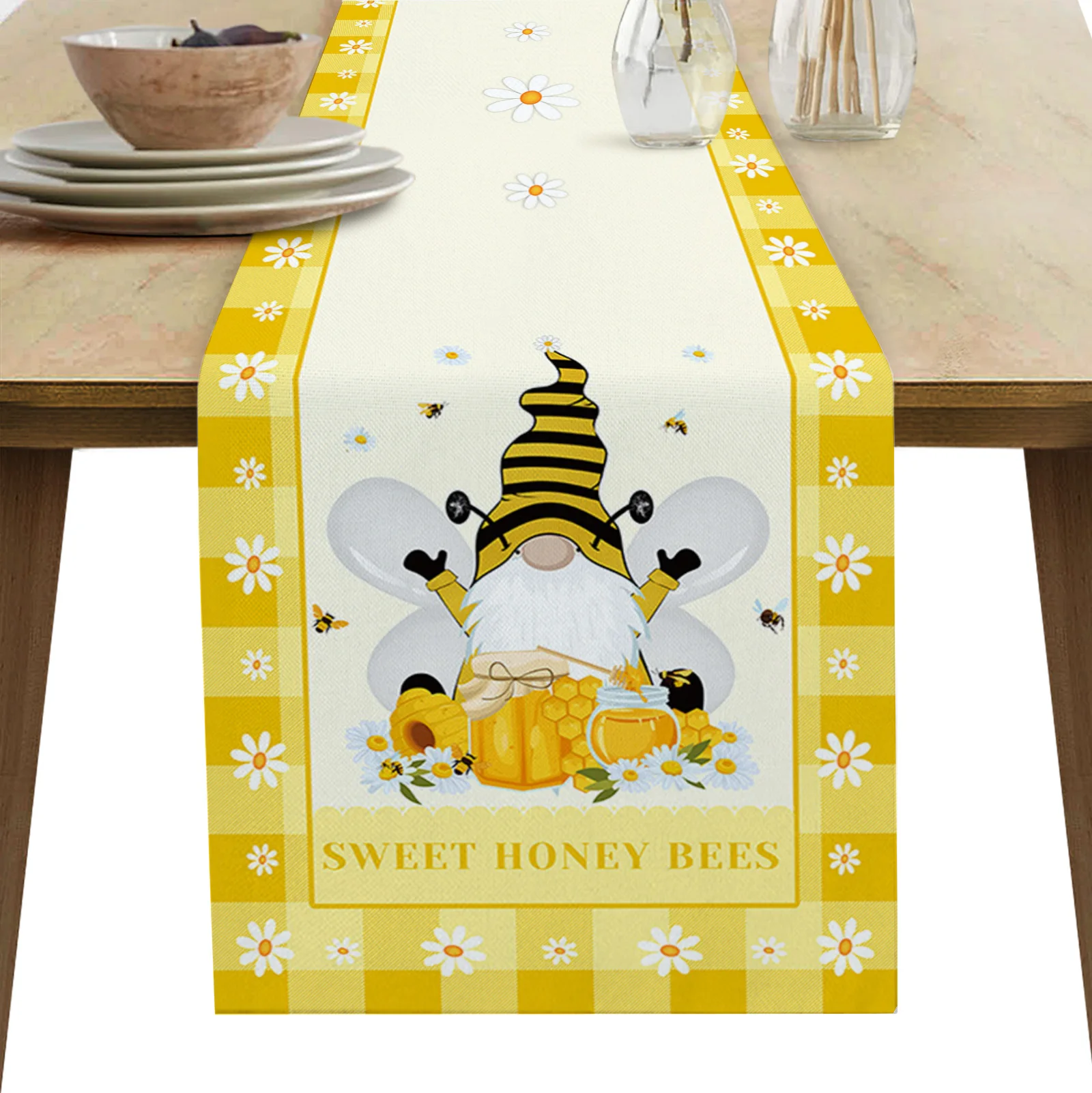 

Bee Dwarf Daisy Honey Lattice Table Runner Modern Party Dining Table Runner Wedding Table Decor Tablecloth and Placemats