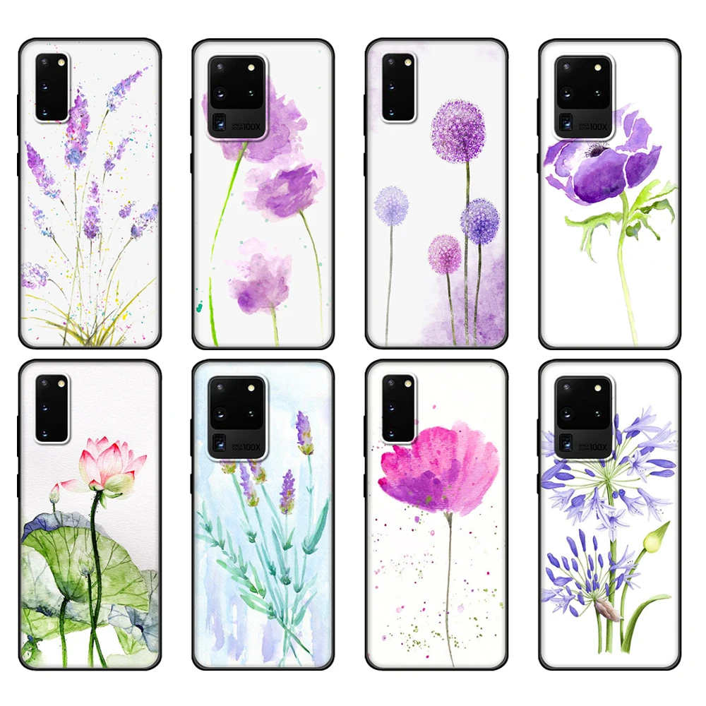 Черный чехол из ТПУ для Samsung galaxy S20 /S20 PLUS/S20 ultra/S20 + /S20FE, задняя крышка, акварельный цветок, Одуванчик, лотос, лаванда