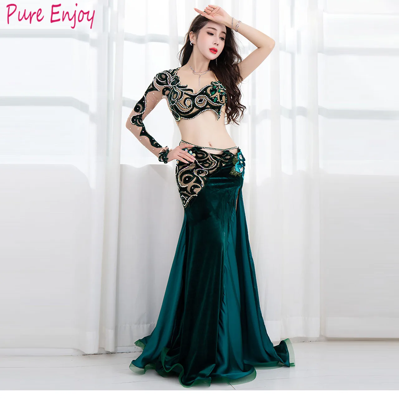 

Belly dance performance costume autumn and winter flannel sexy fishtail long skirt suit luxurious custom oriental dance clothes