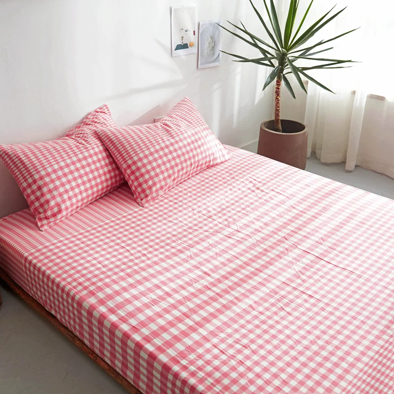 

100% Cotton Fitted Sheet With Rubber Washed Cotton Mattress Cover European Style Camel Grid 1pc Diaper Fitted Cover 2021 Spring