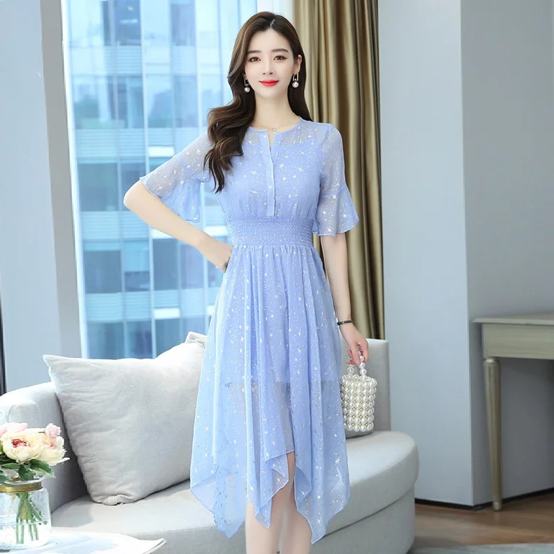 

Chiffon Shiny Irregular Dress Blue Summer Clothes For Women Midi Korean Retro Formal Elegant Ruffled Short Sleeves Ladies Dress