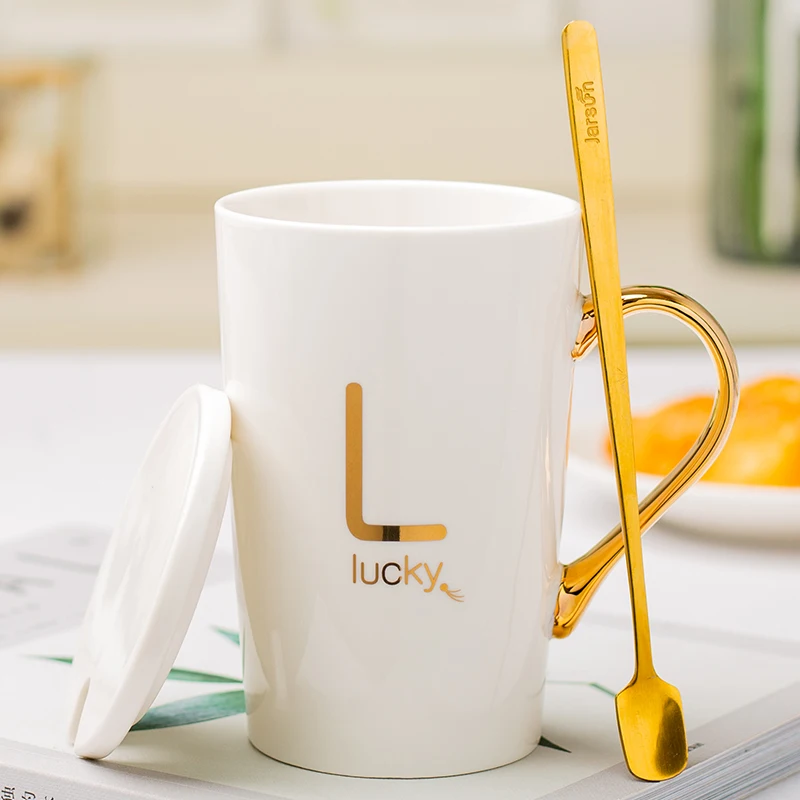 

Luxury Nordic Mug Creative Ceramic Milk Lid Spoon Modern Friends Gift Home Couple Mug Reusable Kubek Do Kawy Coffee Cup DG50M