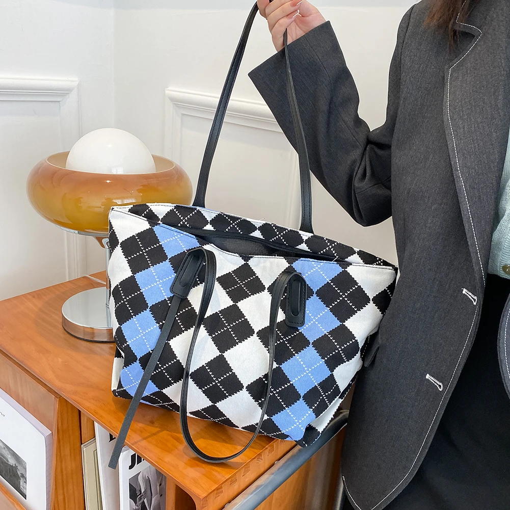 

Модная женская Холщовая Сумка для покупок с принтом в клетку, Женская Повседневная вместительная сумка-тоут