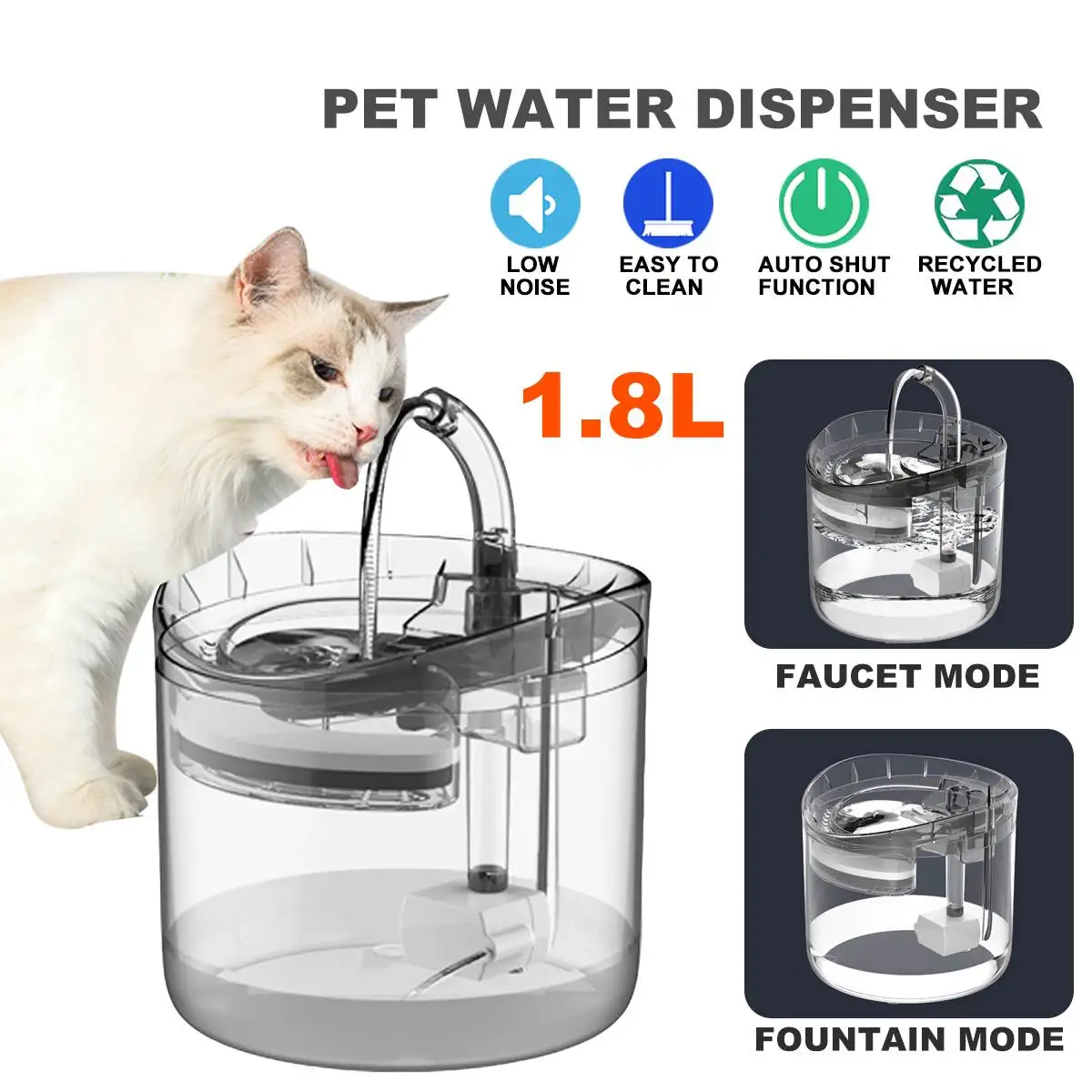 

Автоматический Поильник для кошек на 1,8 л с краном, питьевой фонтан с прозрачным фильтром, без бисфенола