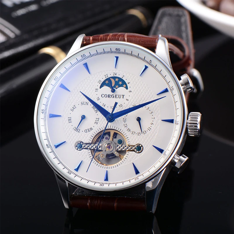 Часы Corgeut 44 мм модные брендовые механические светящиеся часы с черным