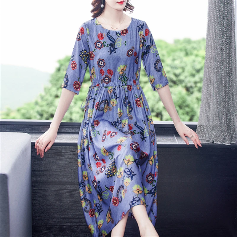 

2021 Summer Fashion New Style Lightweight Breathable Cool Short-Sleeved Women's Clothing Cotton And Linen Floral Dress Trendy