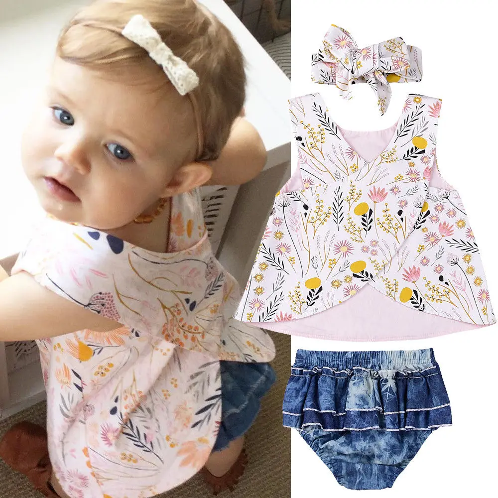 

AA Newborn Kids Baby Girl Headband+Top Dress+Shorts Pants 3PCS Outfits Clothes Set