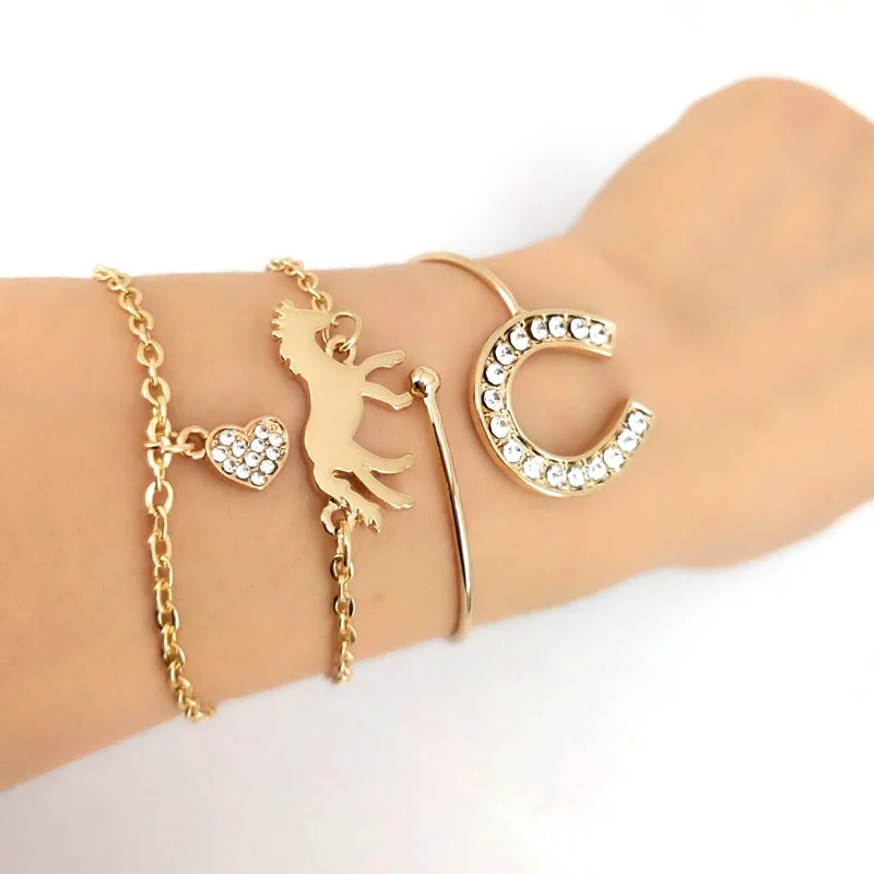 Hzew 3 шт./компл. Золотая лошадь Хрустальная Подкова браслет сердце для любителей