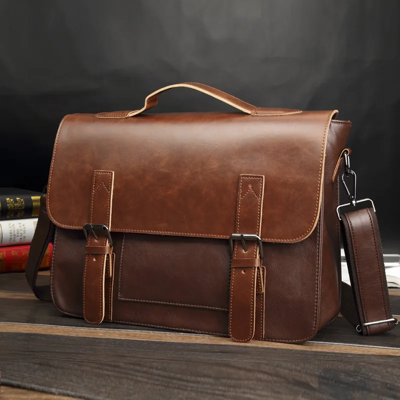 

Vintage Leather Briefcases Laptop Bag for A4 Document Business Handbags Men's Shoulder Messenger Bag Designer Men Bag Tote Bolso