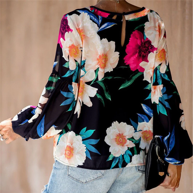 

Women Boho Shirt Lantern Sleeve Flower Print O-Neck Loose Street Plus Size Blouse Tops Spring Autumn Casual Female Beach Shirts
