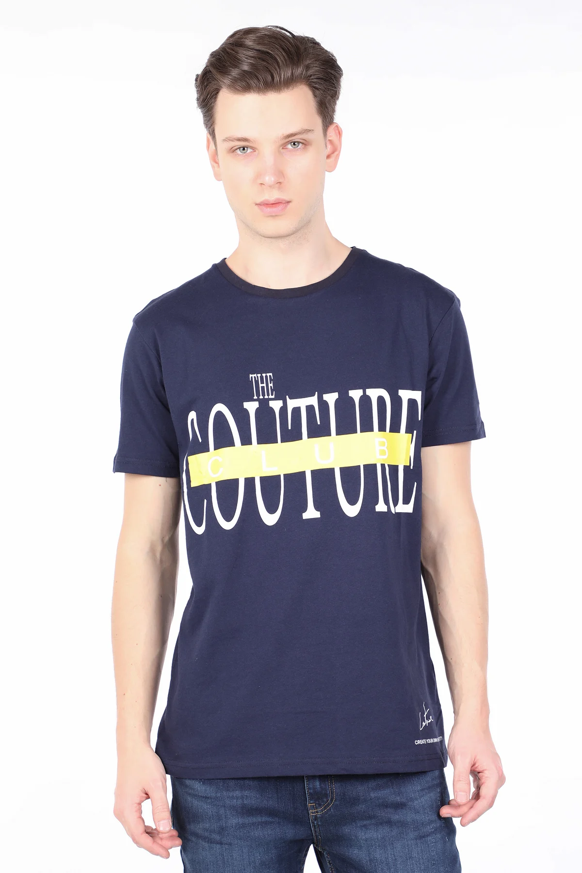 

Male Navy Blue Couture Printed Bicycle Neck T-shirt