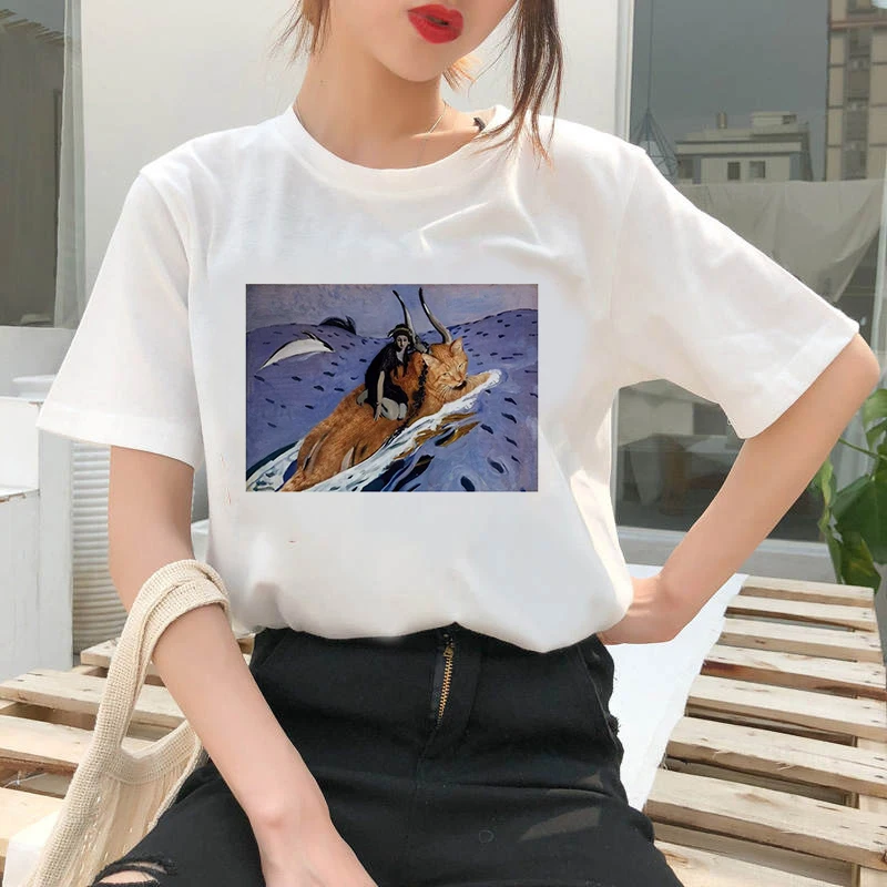 

2021 Summer Women T-shirt Oil paintings of cat Printed Tshirts Casual Tops Tee Harajuku 90s Vintage White tshirt T-shirt