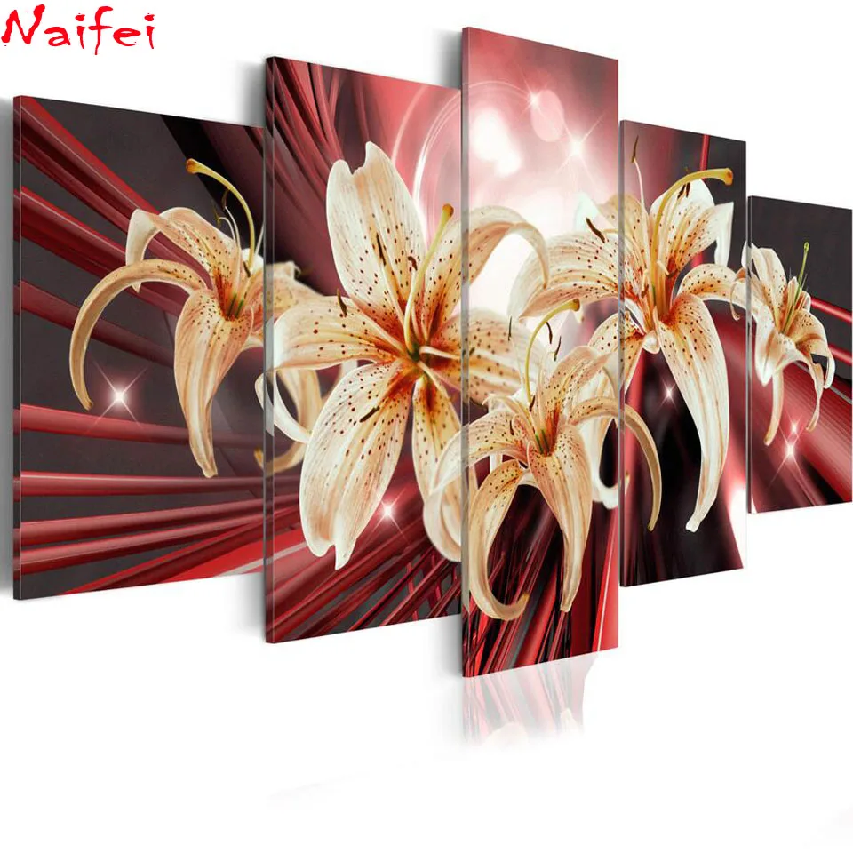 

5 Pcs Brown Red lilies Flower 5D square/round Diy Diamond Painting kit Full drill diamond Embroidery Cross-Stitch Mosaic Modern