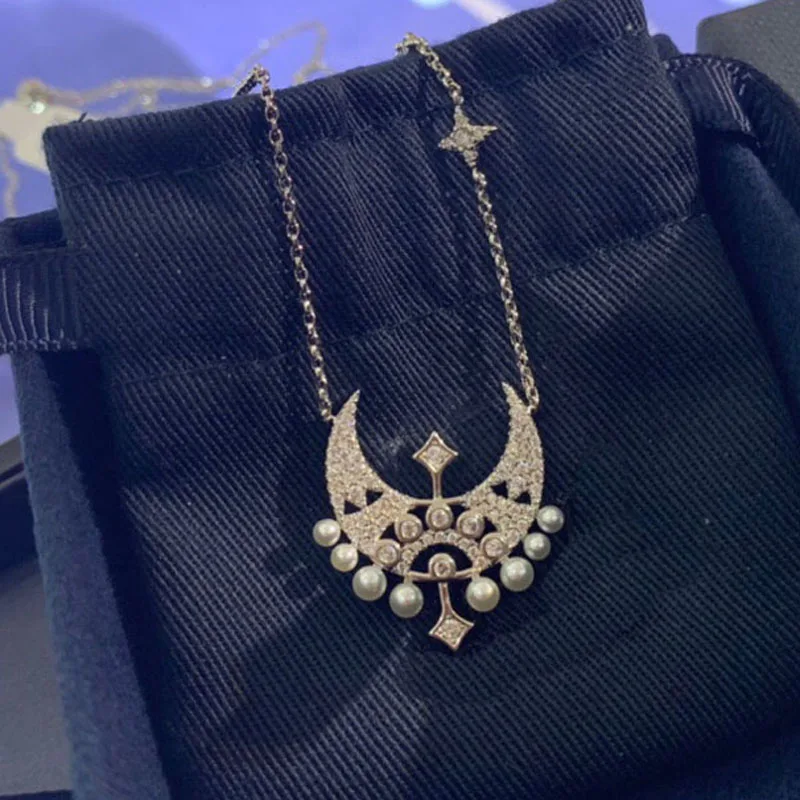 

UMGODLY Fashion Brand Necklace Silver Color Moon Star Pearl Pendant Necklace Micro Zirconia for Women Luxury Party Jewelry