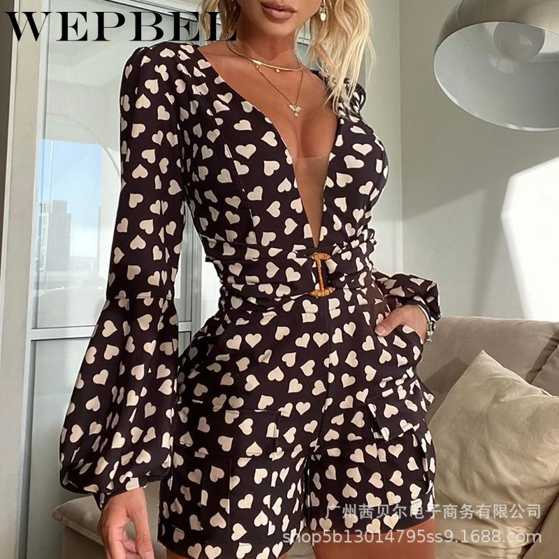 

Mandylandy Women Spring Autumn Elegant Heart Print Short Playsuit with Belt Lady Long Lantern Sleeve Deep V Neck Jumpsuit Romper