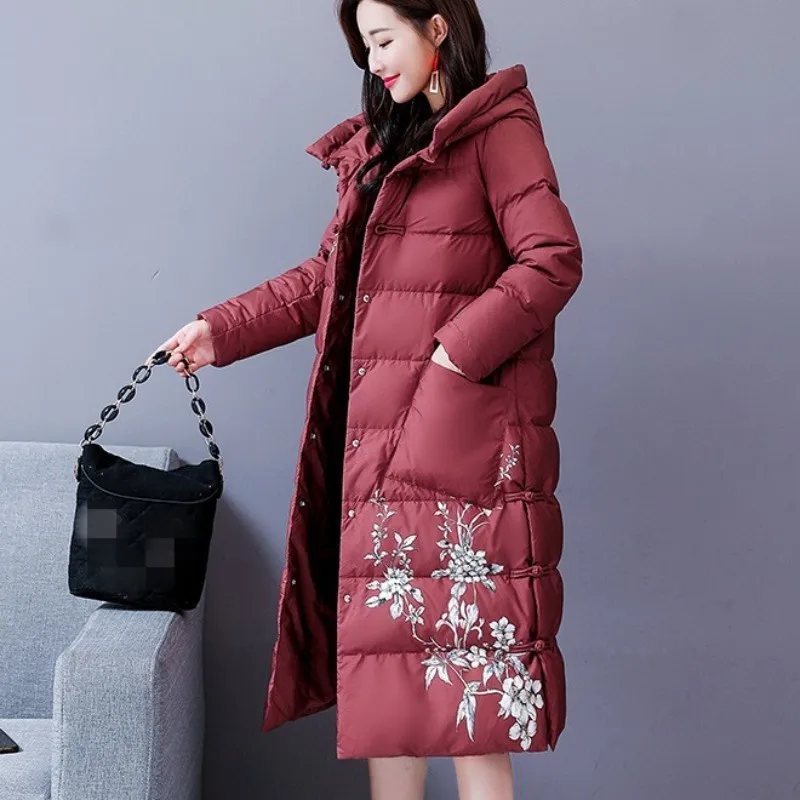 

Vintage Cotton Coat Women Winter New Chic Slim Hooded Warm Outerwear Plus Size 4XL Brand Printed Black Long Jaqueta Feminina