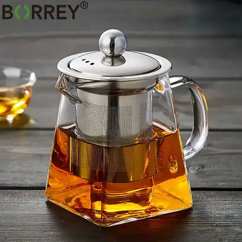 Термостойкий стеклянный чайник BORREY с ситечком из нержавеющей стали