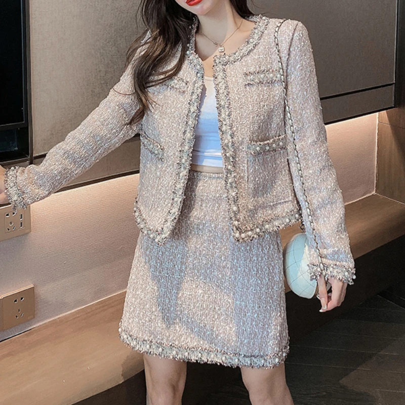 

Woven Cardigan Two Piece Set Women Pearls Coat Top + Skirts Suit Korean Fashion Tweed Pocket Female 2 Piece Outfits Fall 2021