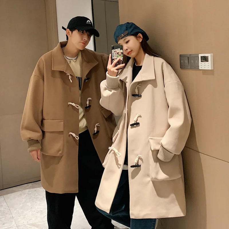 Winter Plush Thick Woolen Coat Men Warm Fashion Oversized Woolen Coat Men Korean Loose Mid-length Woolen Coat Mens Overcoat