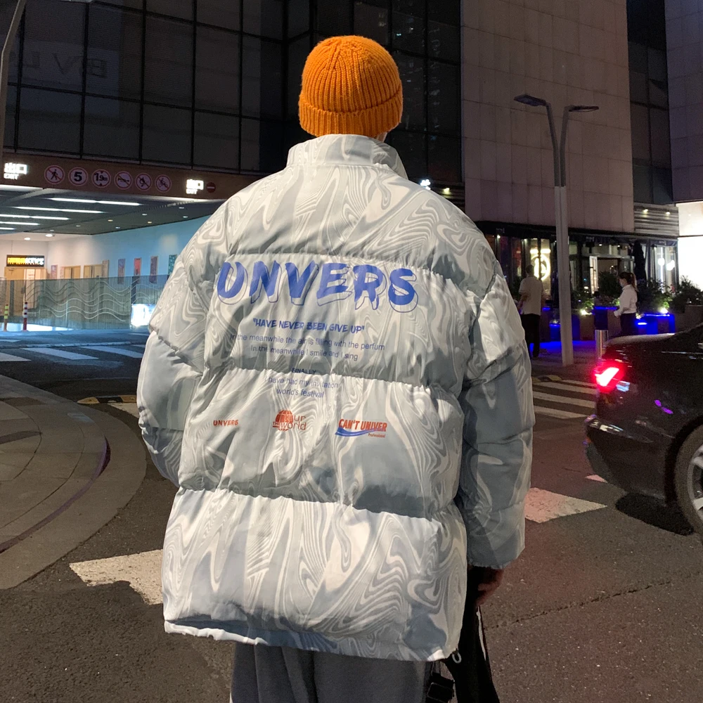 Water Pattern and Letter Print Puffer Jackets for Mens Winter Warm Clothing Plus Size Harajuku Streetwear Loose Fit Bubble Coats | Мужская