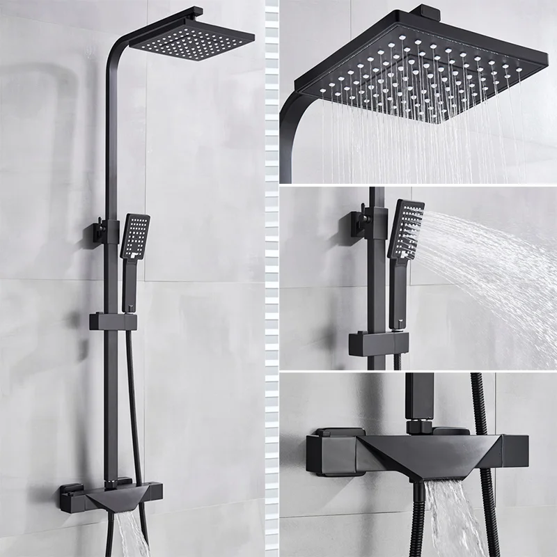 Thermostatic Black A Смеситель для ванной комнаты черный дождь Душевая Головка Термостатический смеситель для ванны настенный смеситель для ванной душ смеситель для душа душевой набор - Цвет: Thermostatic Black A