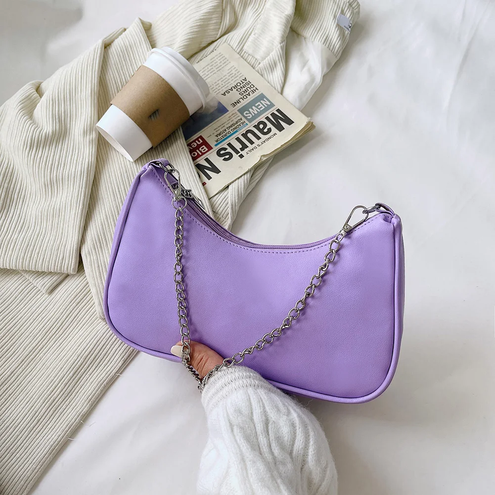 

Однотонные женские сумки на плечо 2021, полумесяц, Мягкие Сумки из искусственной кожи под плечо, женская маленькая сумка на цепочке, дамская с...