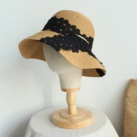 lunadolphin handmade women summer sun hat beach straw hat black white lace ribbon cap foldable flat straw hats girls outdoor