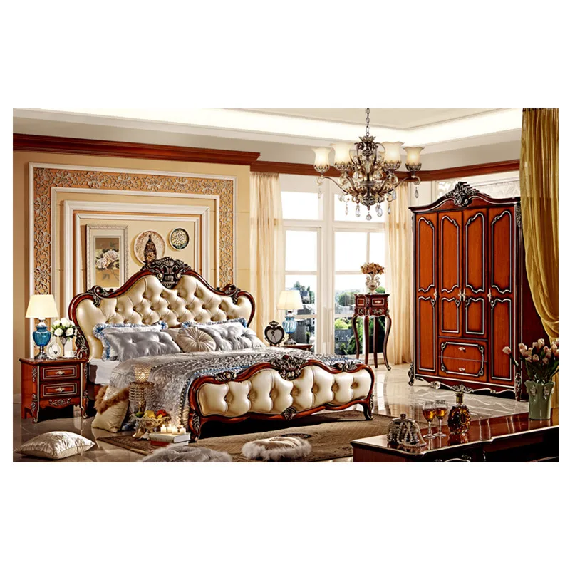 Классические роскошные кожаные кровати прикроватный столик и комод|leather bed|genuine